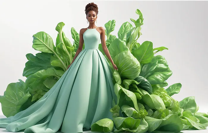 Beautiful Fashion Woman in Mint Color Long Dress Realistic 3D Cartoon Illustration image